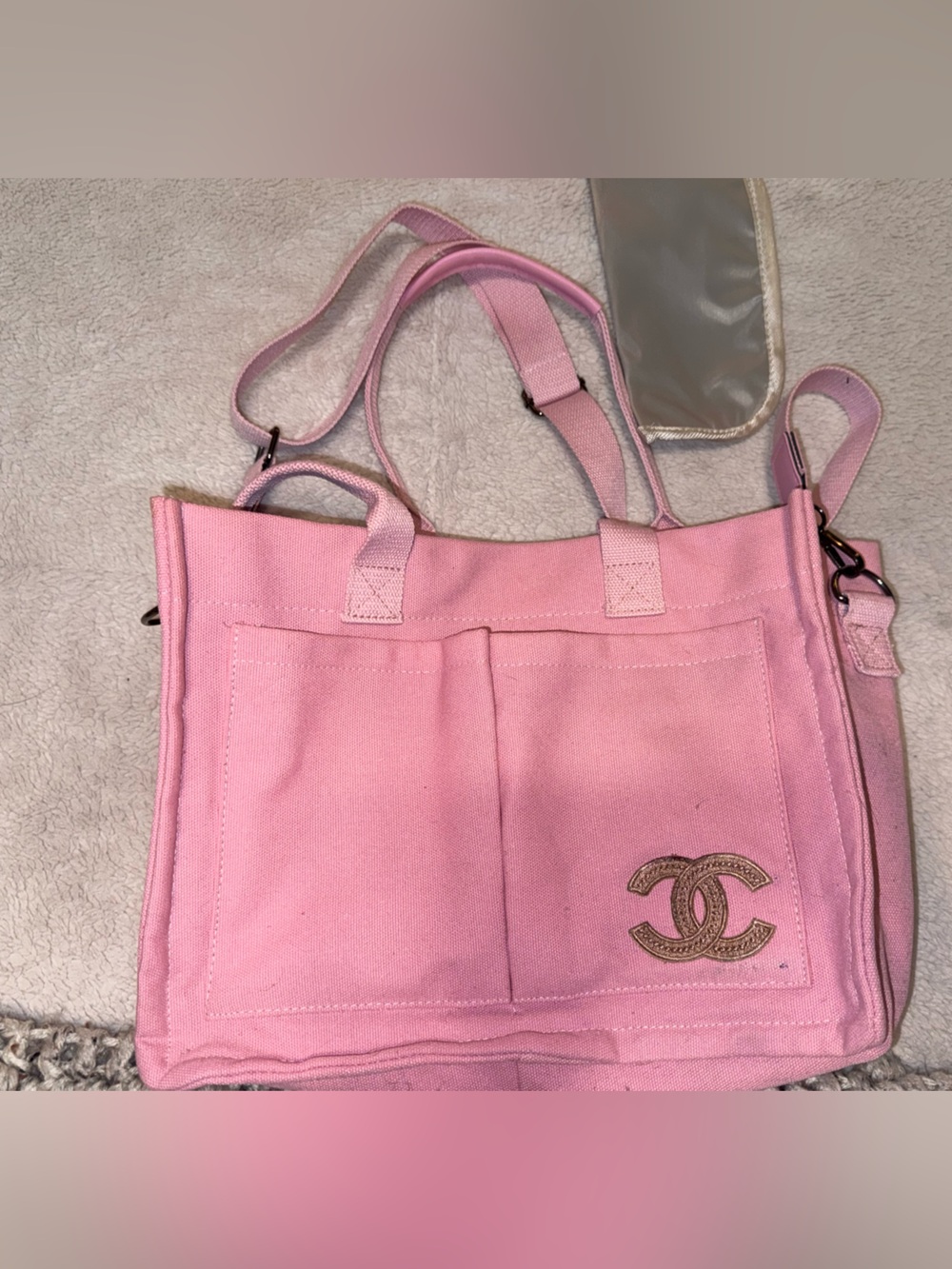Chanel Pink Canvas Tote with Double C Emblem